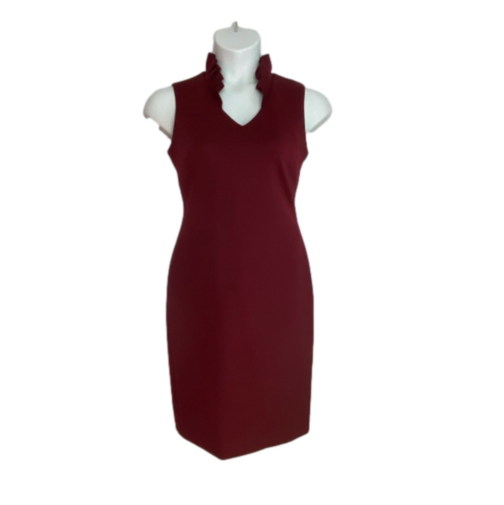 Calvin Klein Cranberry Sleeveless Ruffle Collar Sheath Dress Size 8
